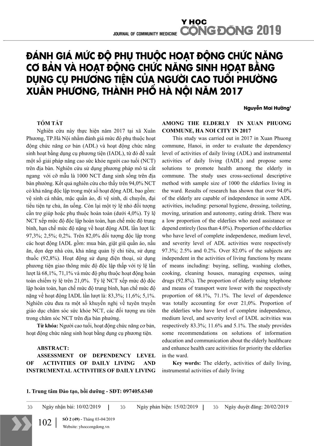 Đánh giá mức độ phụ thuộc hoạt động chức năng cơ bản và hoạt động chức năng sinh hoạt bằng dụng cụ phương tiện của người cao tuổi phường Xuân Phương, thành phố Hà Nội năm 2017 trang 1