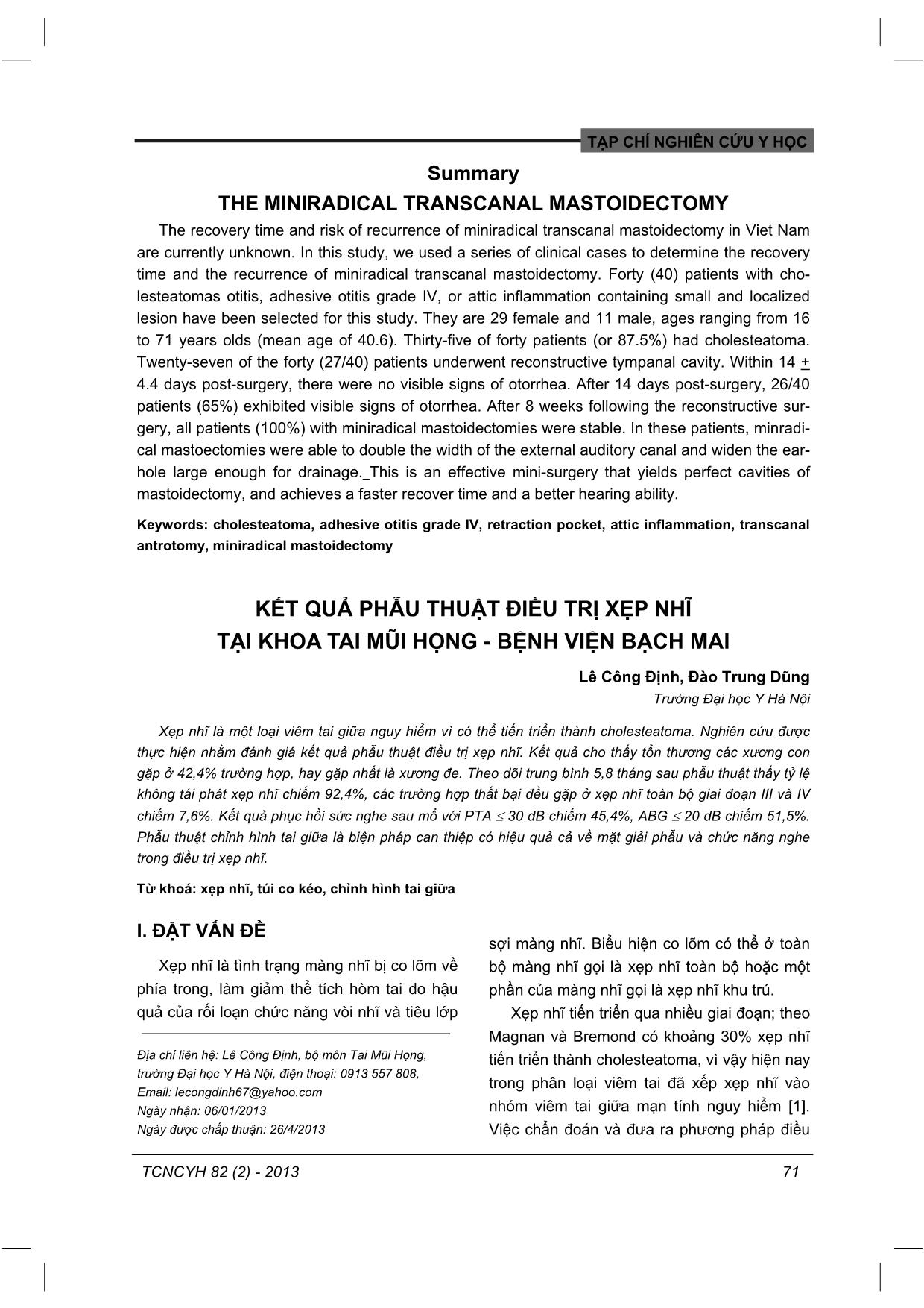 Kết quả phẫu thuật tiệt căn xương chũm tối thiểu đường xuyên ống tai trang 8