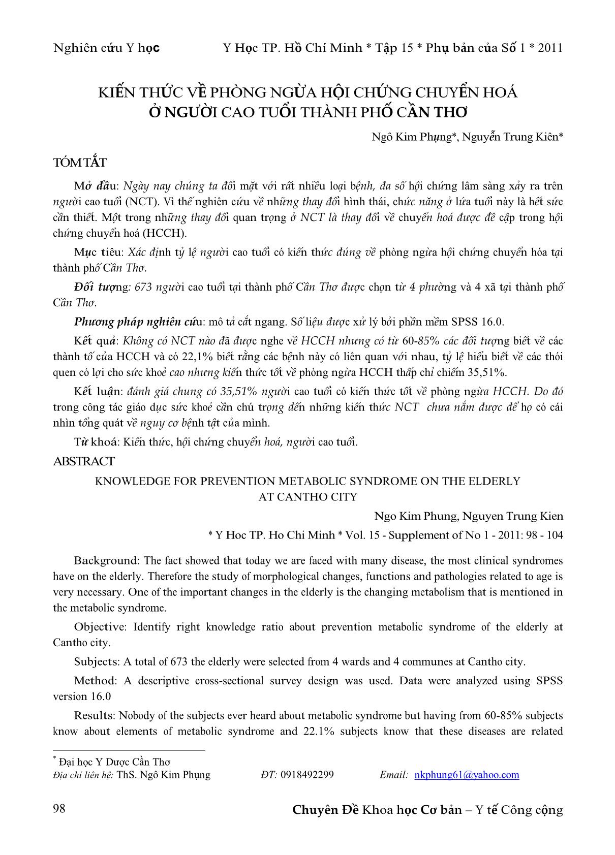 Kiến thức về phòng ngừa hội chứng chuyển hoá ở người cao tuổi thành phố Cần Thơ trang 1