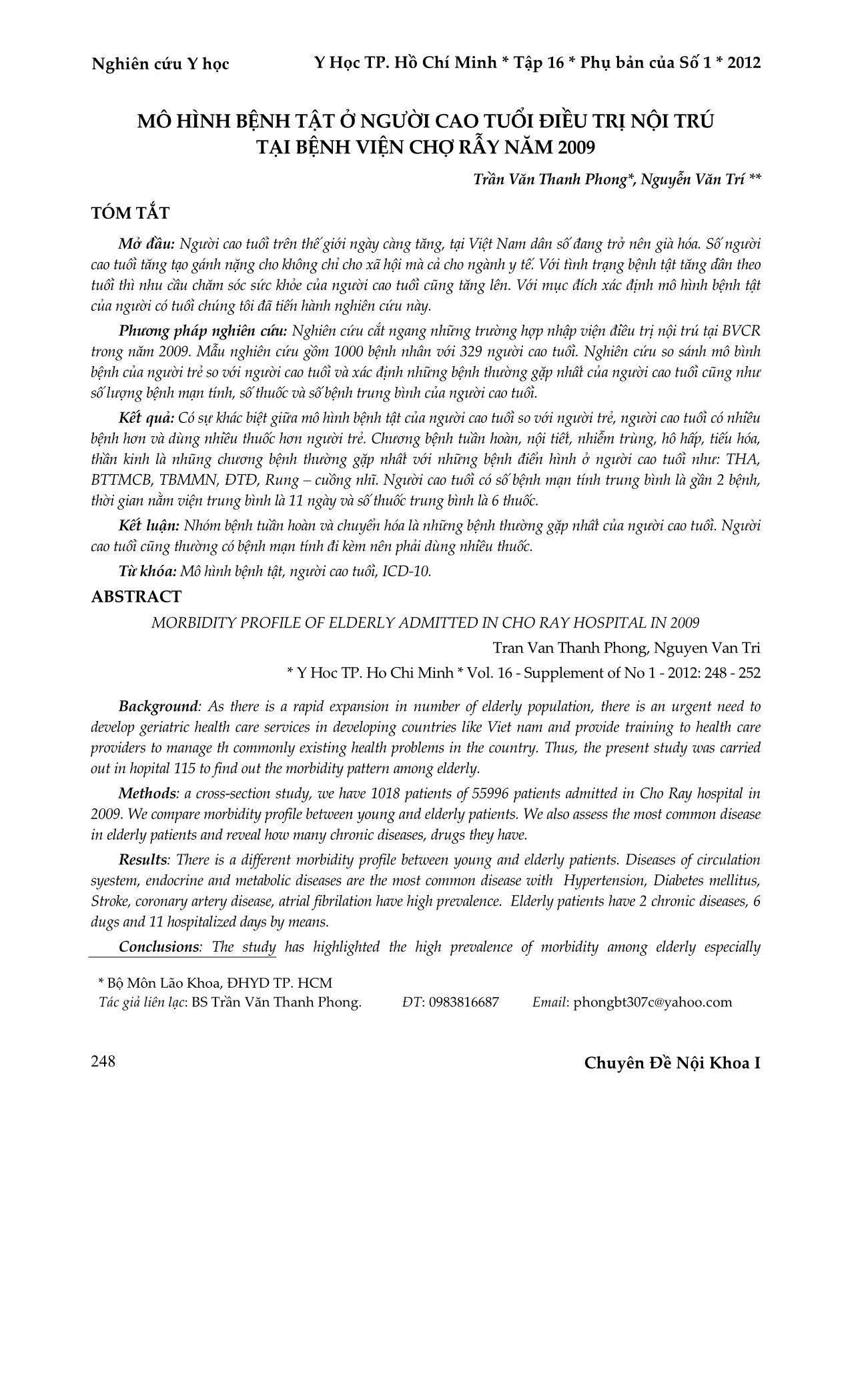 Mô hình bệnh tật ở người cao tuổi điều trị nội trú tại bệnh viện chợ Rẫy năm 2009 trang 1