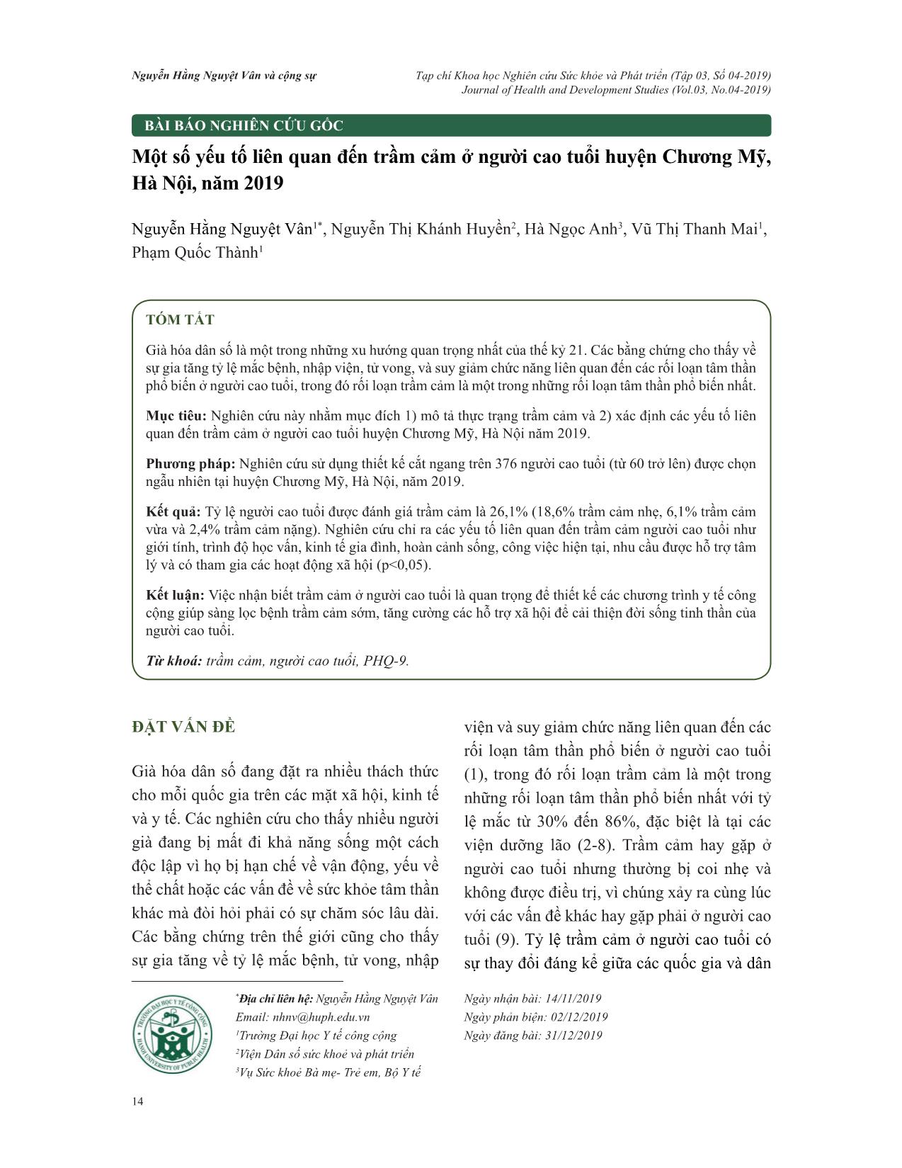Một số yếu tố liên quan đến trầm cảm ở người cao tuổi huyện Chương Mỹ, Hà Nội, năm 2019 trang 1