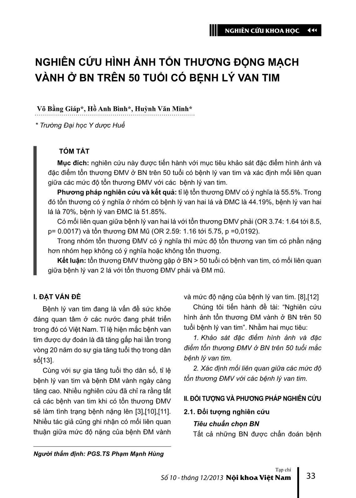 Nghiên cứu hình ảnh tổn thương động mạch vành ở bệnh nhân trên 50 tuổi có bệnh lý van tim trang 1