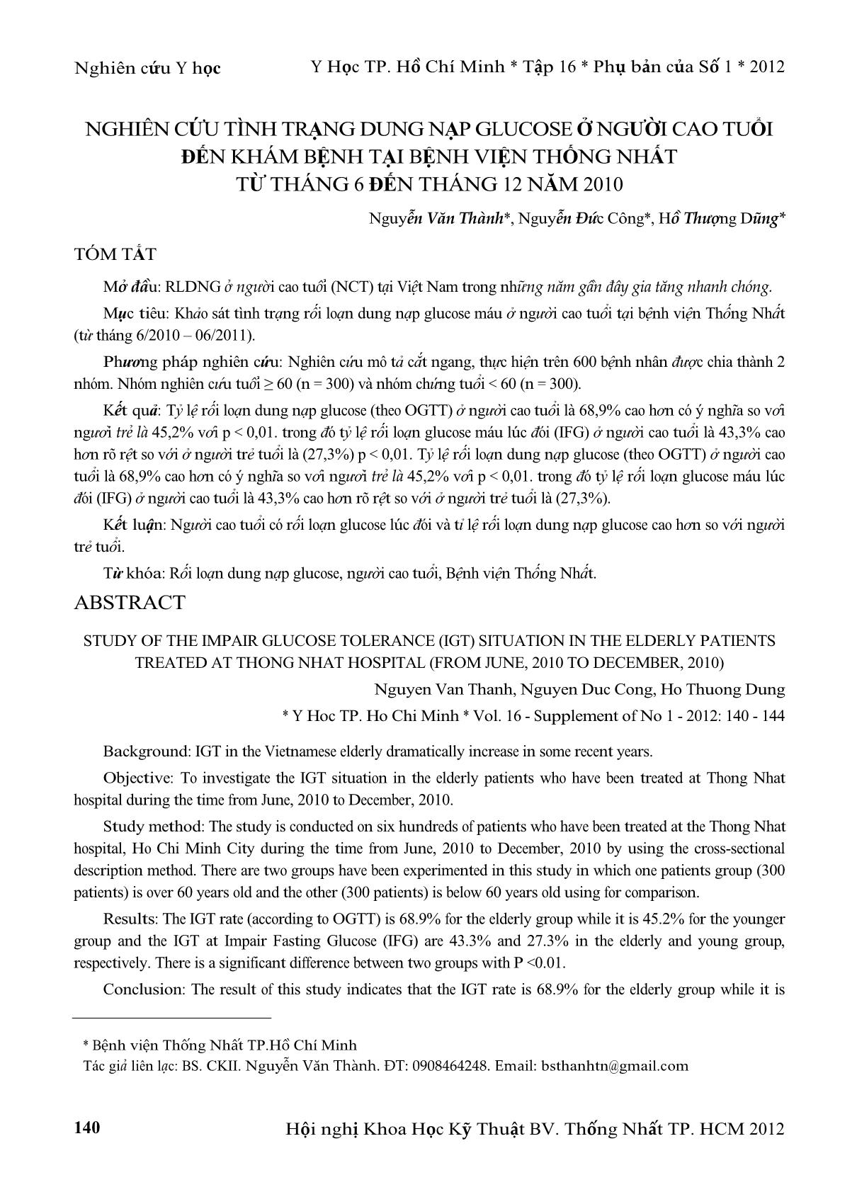 Nghiên cứu tình trạng dung nạp glucose ở người cao tuổi đến khám bệnh tại bệnh viện Thống Nhất từ tháng 6 đến tháng 12 năm 2010 trang 1