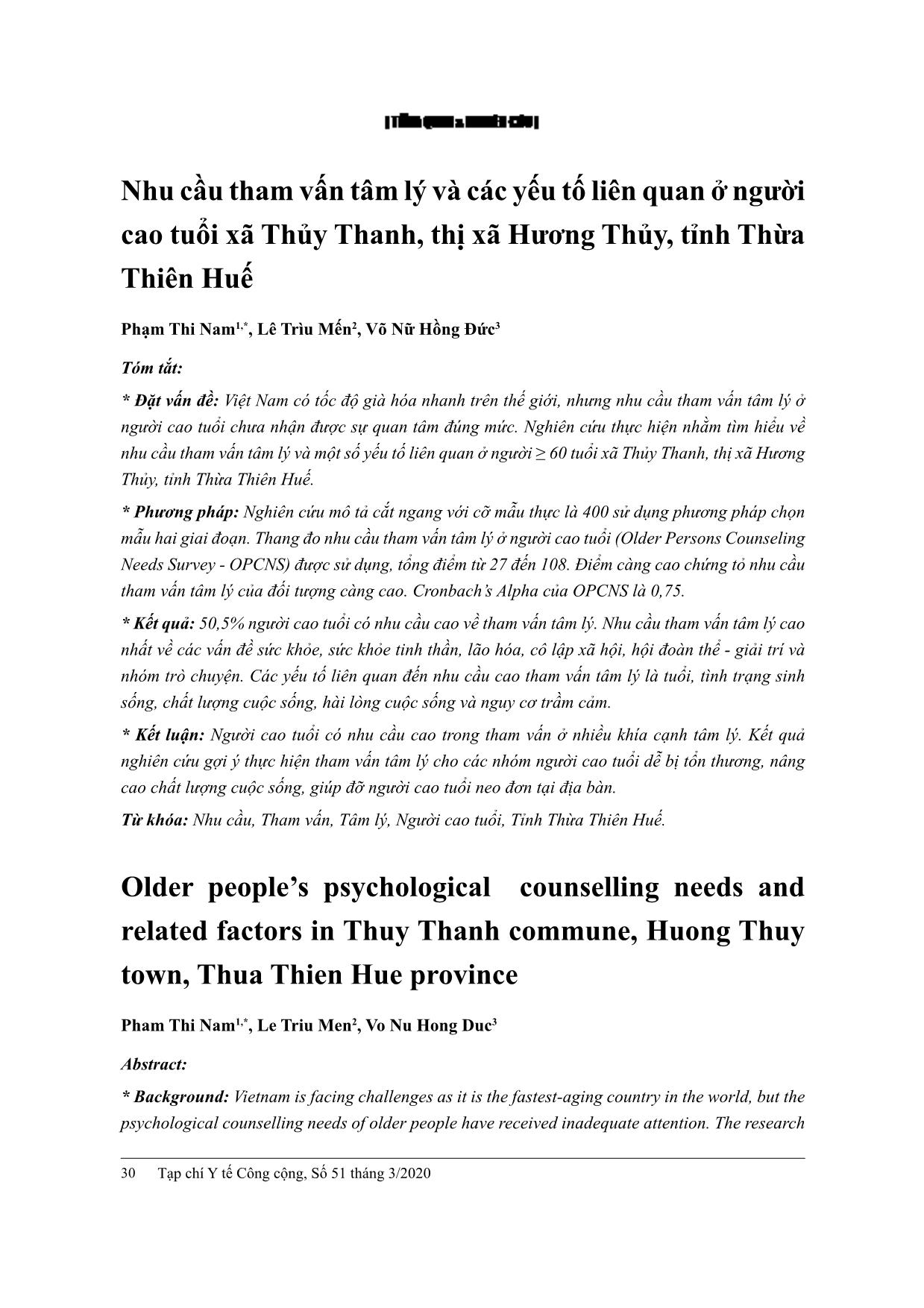 Nhu cầu tham vấn tâm lý và các yếu tố liên quan ở người cao tuổi xã Thủy Thanh, thị xã Hương Thủy, tỉnh Thừa Thiên Huế trang 1