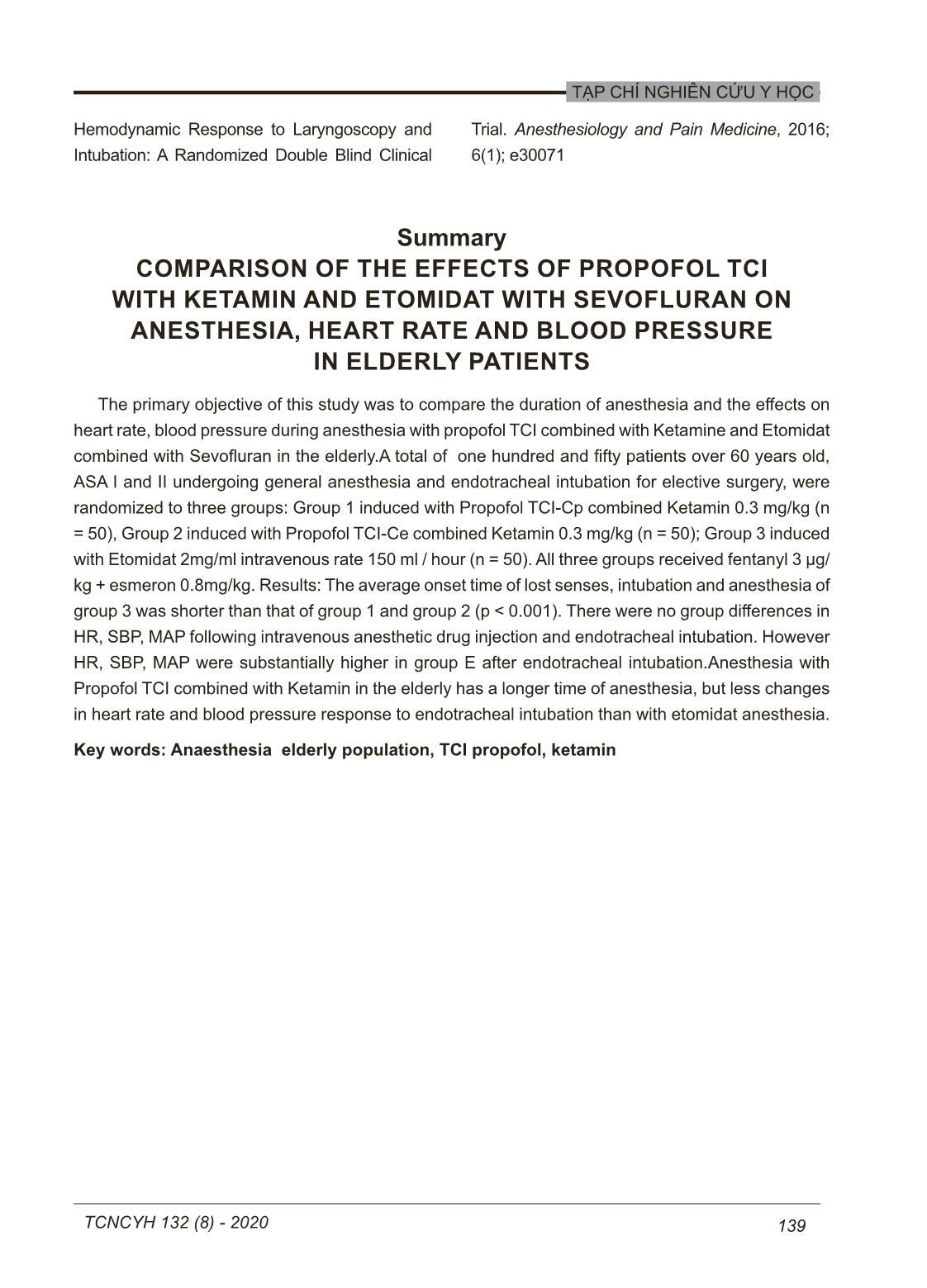 So sánh hiệu quả khởi mê và tác dụng trên nhịp tim, huyết áp giữa gây mê kết hợp propofol TCI với ketamin và etomidat với sevofluran ở người cao tuổi trang 9