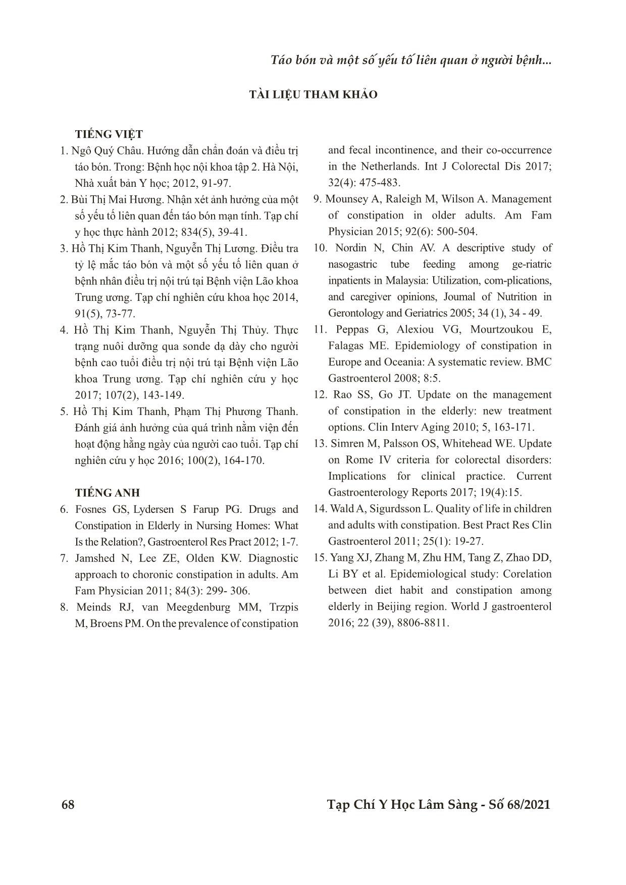 Táo bón và một số yếu tố liên quan ở người bệnh tại khoa nội lão - Bệnh viện C Đà Nẵng trang 7