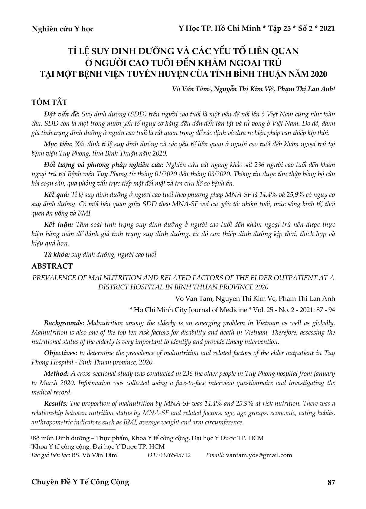 Tỉ lệ suy dinh dưỡng và các yếu tố liên quan ở người cao tuổi đến khám ngoại trú tại một bệnh viện tuyến huyện của tỉnh Bình Thuận năm 2020 trang 1