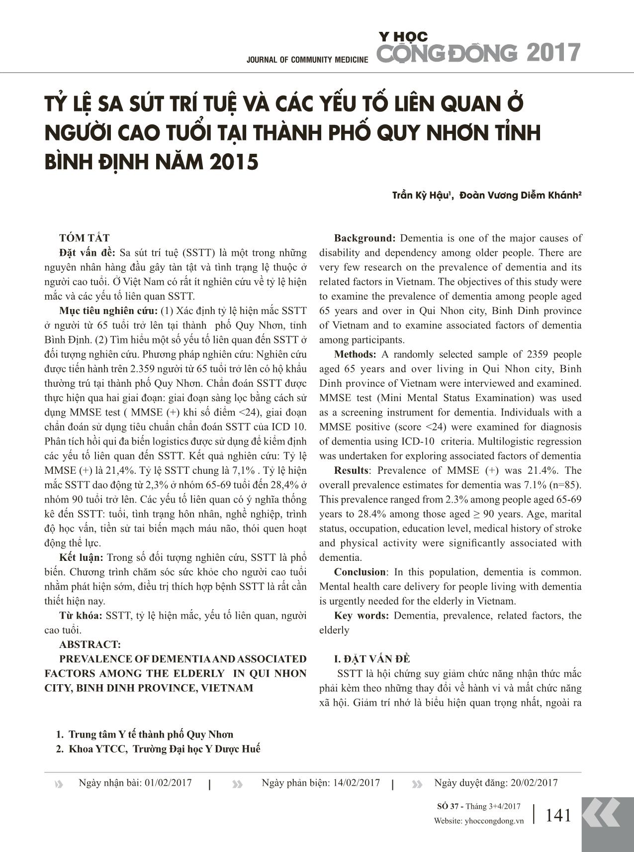 Tỷ lệ sa sút trí tuệ và các yếu tố liên quan ở người cao tuổi tại thành phố Quy Nhơn tỉnh Bình Định năm 2015 trang 1