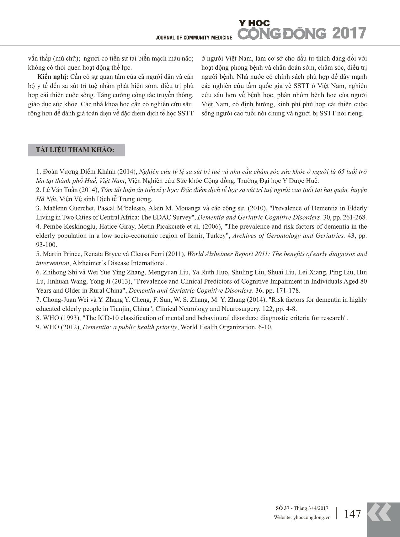 Tỷ lệ sa sút trí tuệ và các yếu tố liên quan ở người cao tuổi tại thành phố Quy Nhơn tỉnh Bình Định năm 2015 trang 7