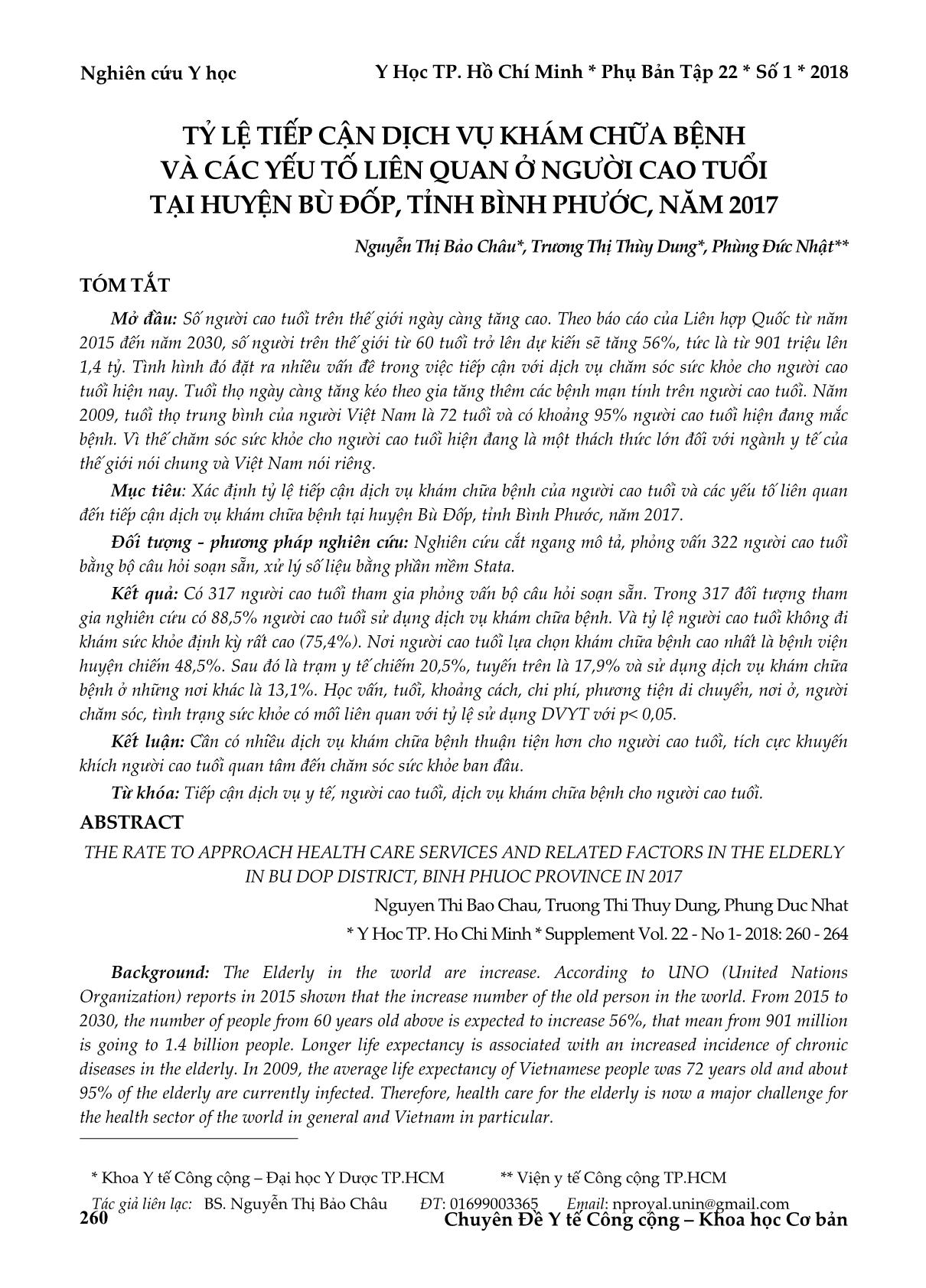 Tỷ lệ tiếp cận dịch vụ khám chữa bệnh và các yếu tố liên quan ở người cao tuổi tại huyện Bù Đốp, tỉnh Bình Phước, năm 2017 trang 1
