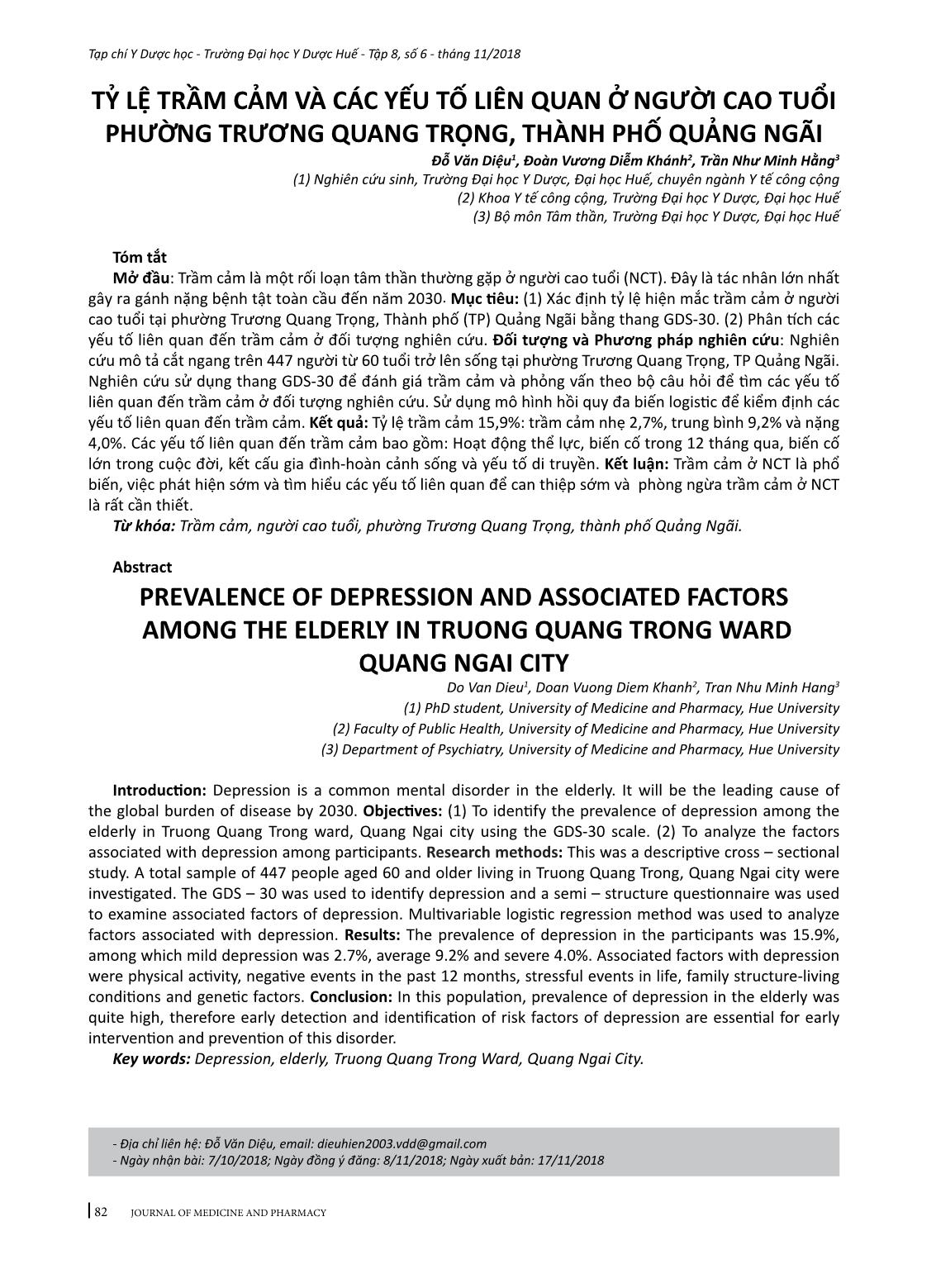 Tỷ lệ trầm cảm và các yếu tố liên quan ở người cao tuổi phường Trương Quang Trọng, thành phố Quảng Ngãi trang 1