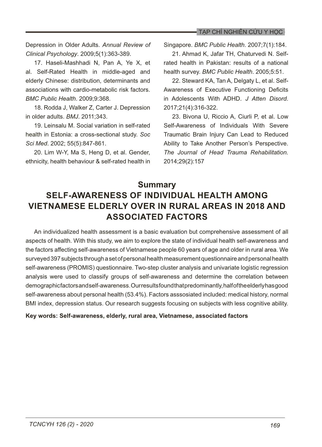 Thực trạng tự nhận thức về sức khỏe cá nhân của người cao tuổi tại vùng nông thôn Việt Nam năm 2018 và các yếu tố ảnh hưởng trang 7