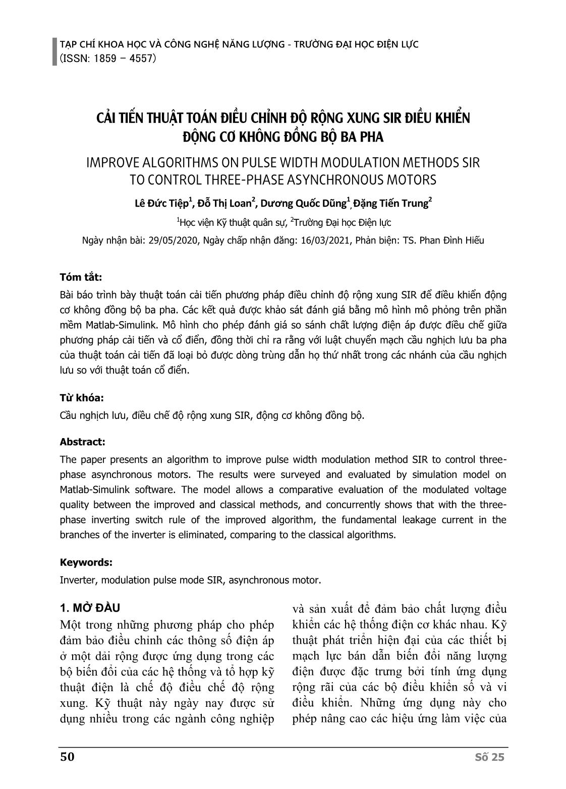 Cải tiến thuật toán điều chỉnh độ rộng xung sir điều khiển động cơ không đồng bộ ba pha trang 1