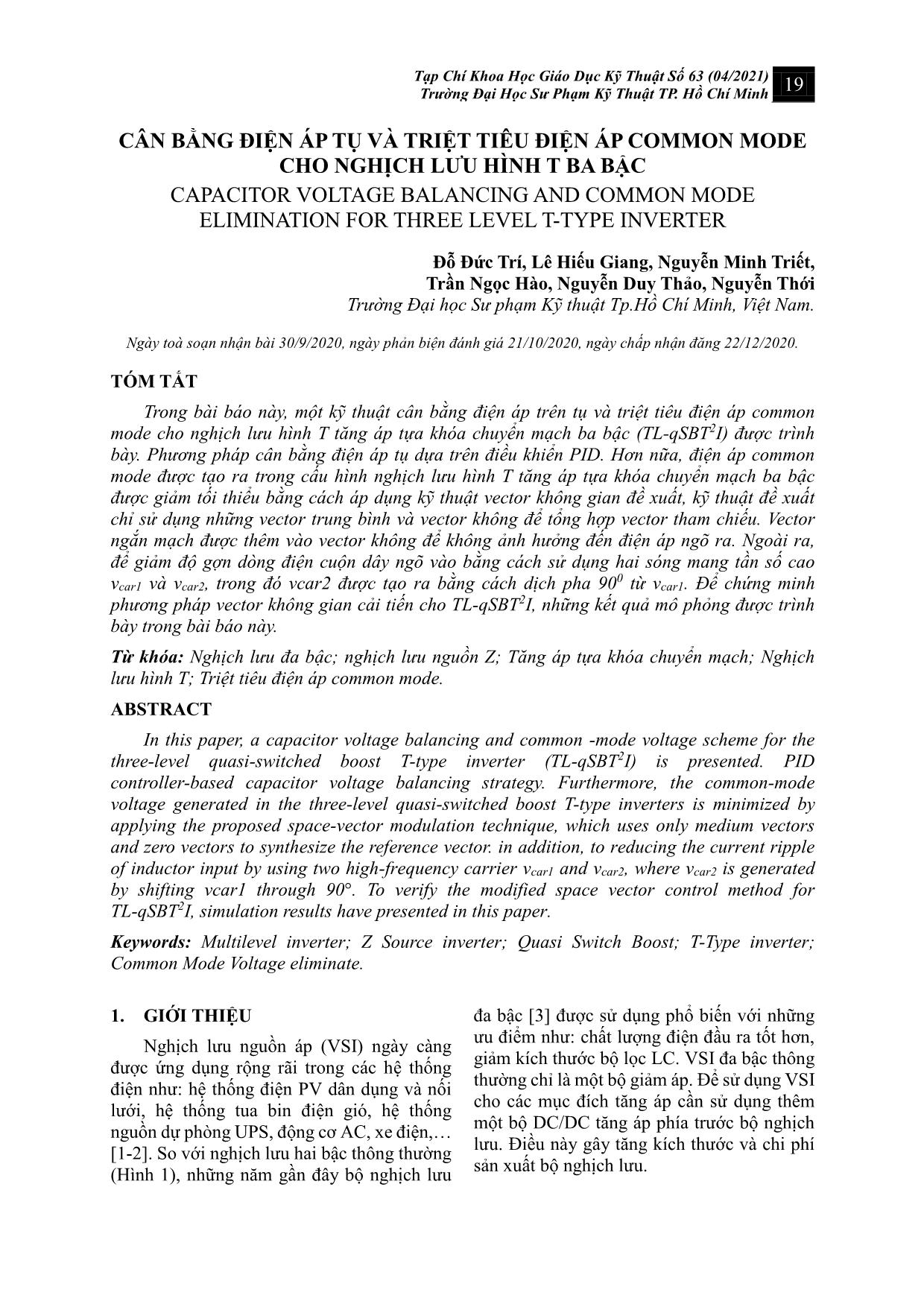 Cân bằng điện áp tụ và triệt tiêu điện áp common mode cho nghịch lưu hình T ba bậc trang 1