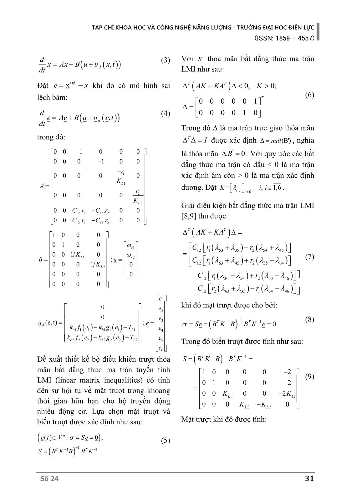 Điều khiển trượt trên cơ sở bất đẳng thức ma trận tuyến tính cho hệ thống nhiều động cơ khi có yếu tố phi tuyến tác động trang 3