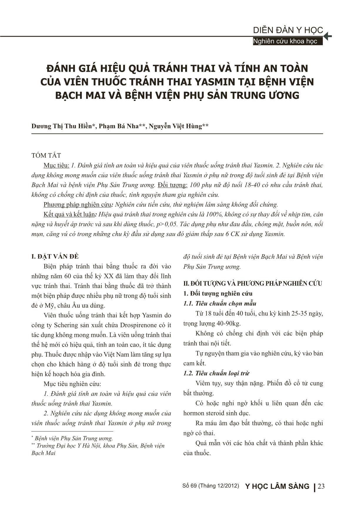 Đánh giá hiệu quả tránh thai và tính an toàn của viên thuốc tránh thai yasmin tại bệnh viện Bạch Mai và bệnh viện phụ sản trung ương trang 1