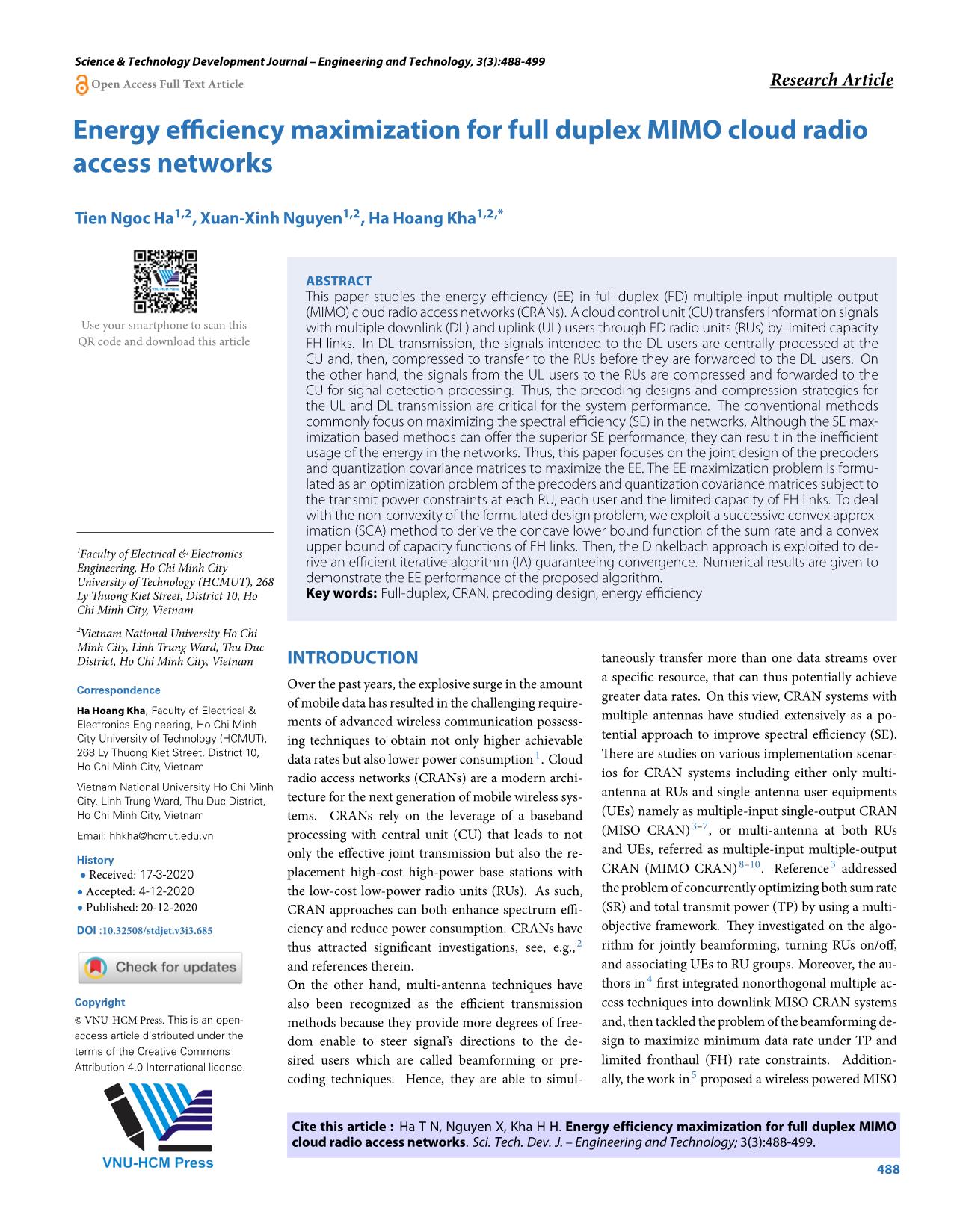 Energy efficiency maximization for full duplex MIMO cloud radio access networks trang 1