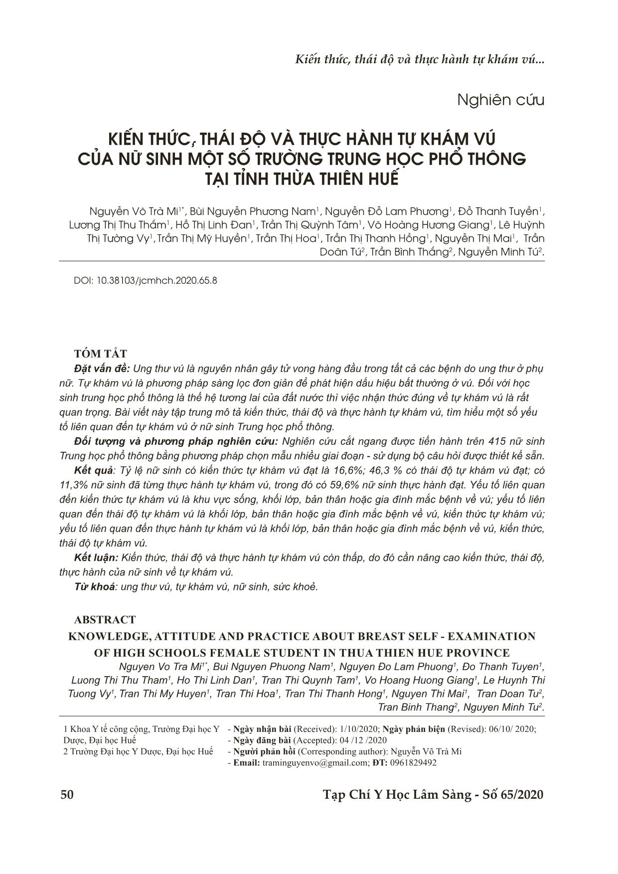 Kiến thức, thái độ và thực hành tự khám vú của nữ sinh một số trường trung học phổ thông tại tỉnh Thừa Thiên Huế trang 1