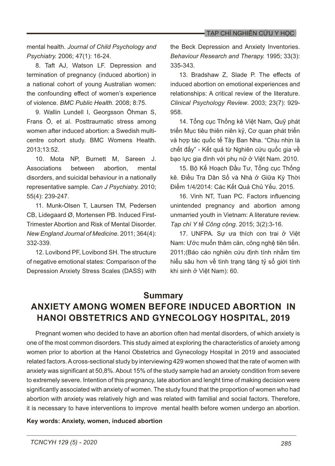 Lo âu ở nhóm phụ nữ đến phá thai tại bệnh viện phụ sản Hà Nội năm 2019 trang 9