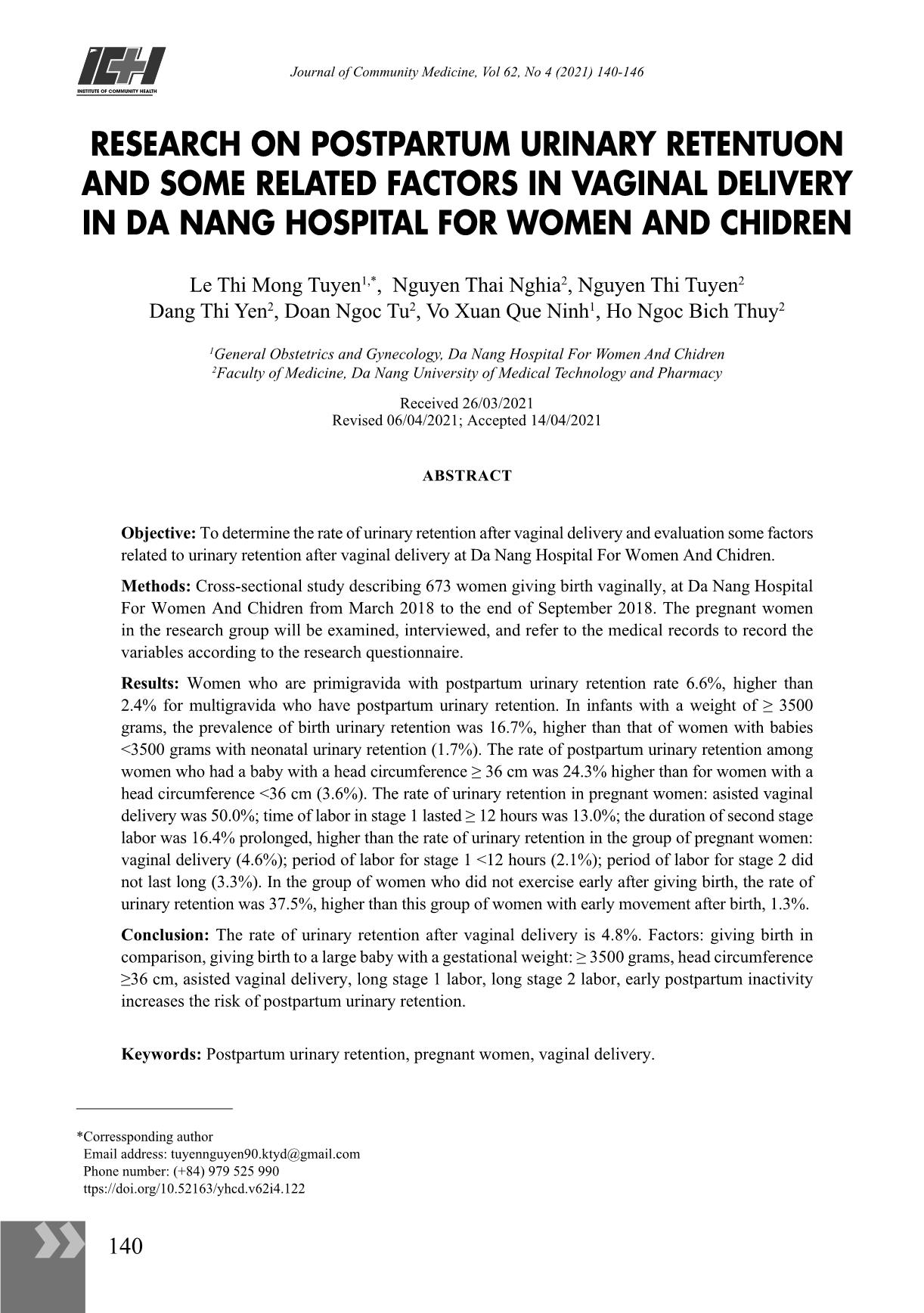 Research on postpartum urinary retentuon and some related factors in vaginal delivery in Da Nang hospital for women and chidren trang 1