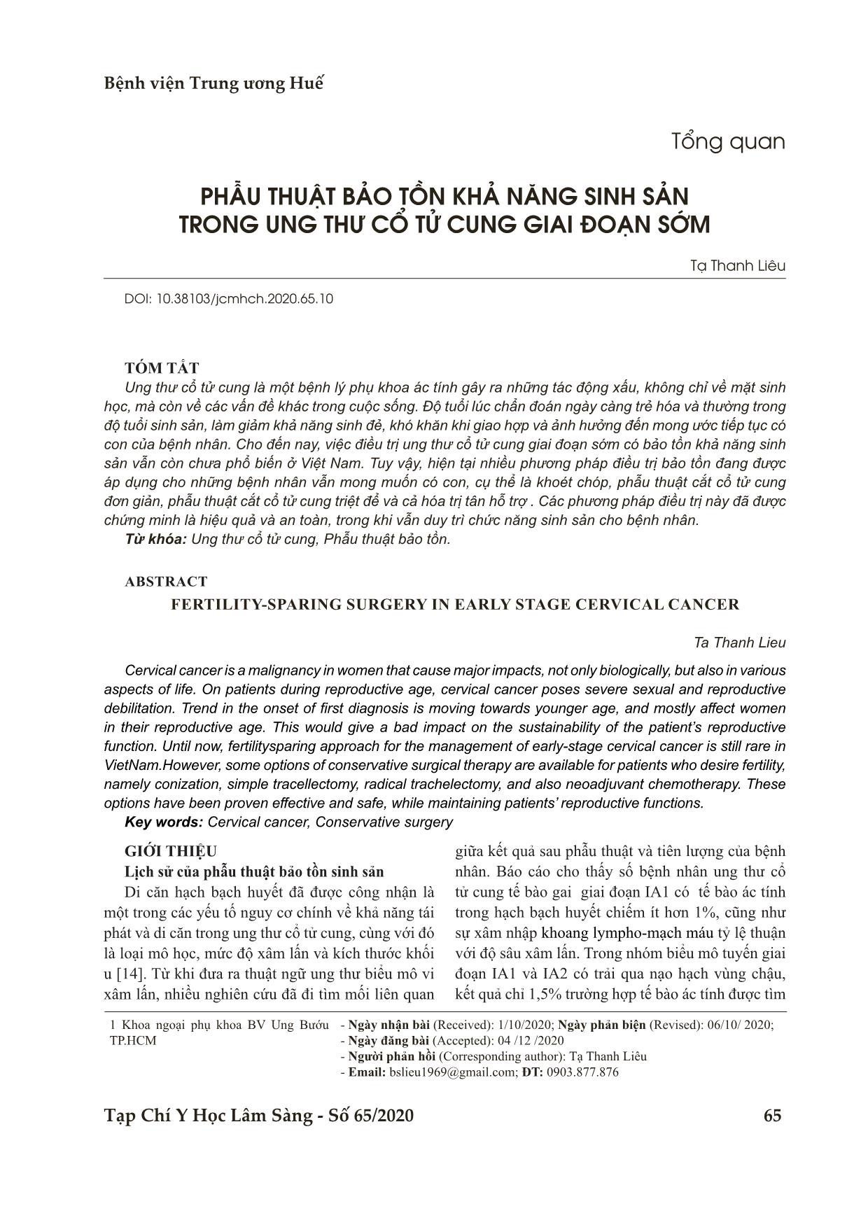 Phẫu thuật bảo tồn khả năng sinh sản trong ung thư cổ tử cung giai đoạn sớm trang 1