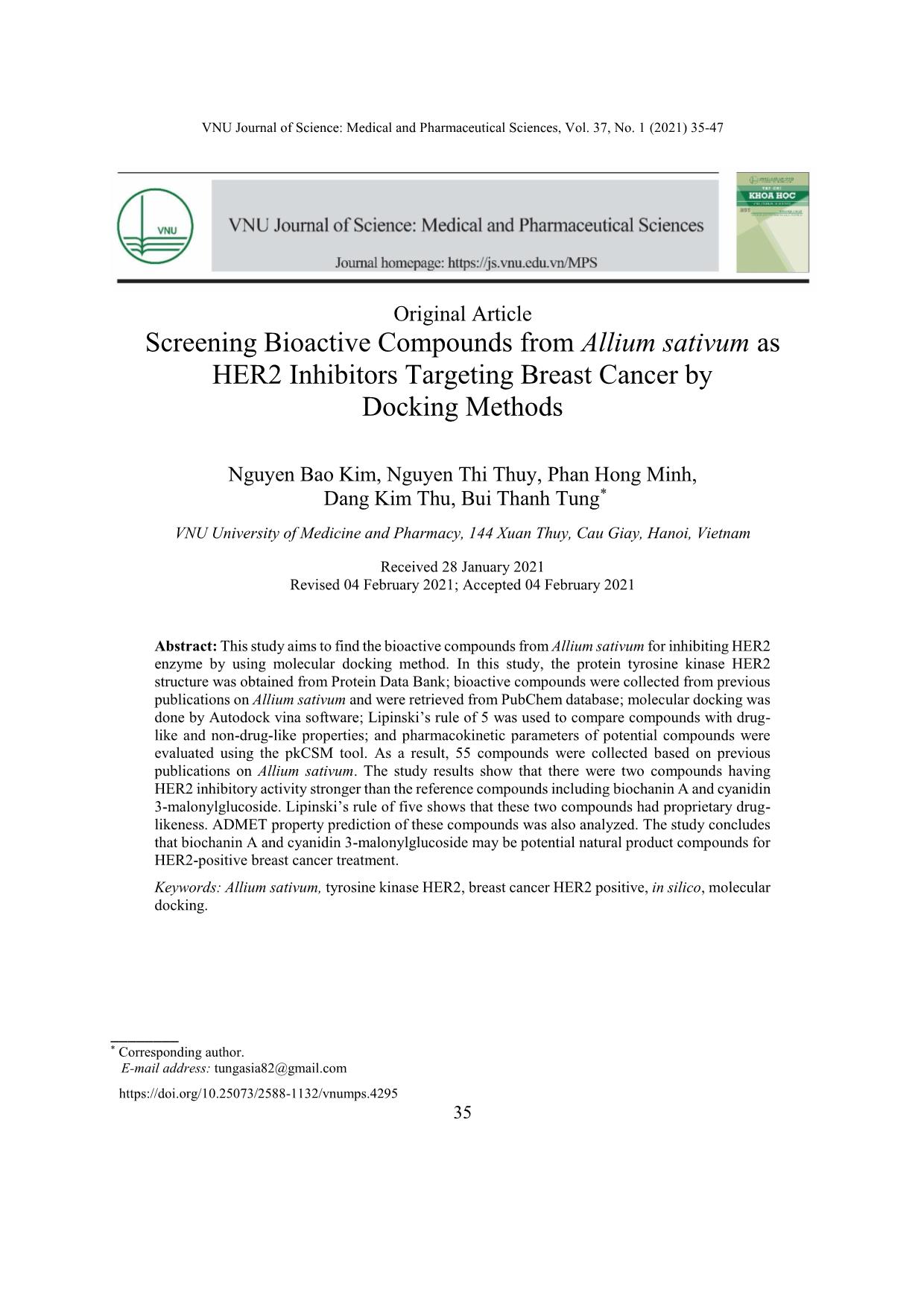Sàng lọc các hợp chất ức chế thụ thể HER2 trong cây tỏi (Allium sativum) nhằm điều trị ung thư vú bằng phương pháp docking phân tử trang 1