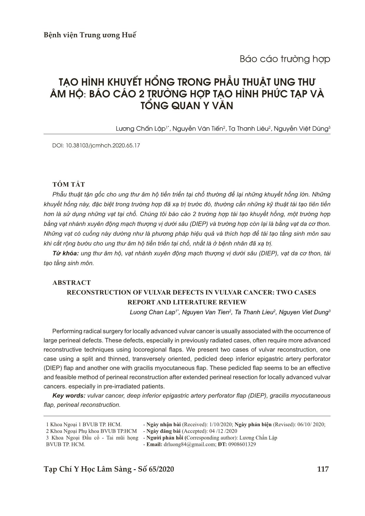 Tạo hình khuyết hổng trong phẫu thuật ung thư âm hộ: Báo cáo 2 trường hợp tạo hình phức tạp và tổng quan y văn trang 1