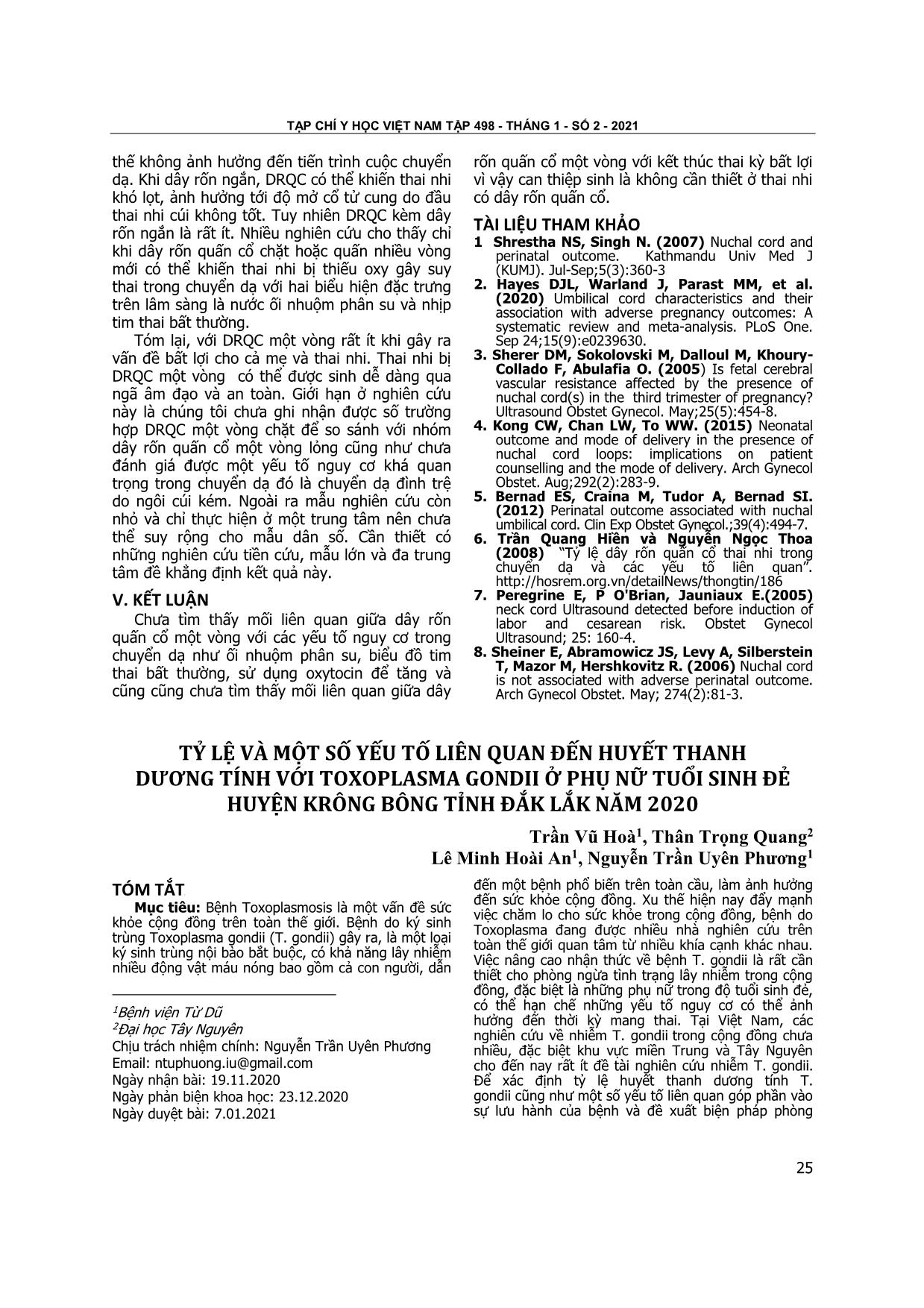 Tỷ lệ và một số yếu tố liên quan đến huyết thanh dương tính với Toxoplasma Gondii ở phụ nữ tuổi sinh đẻ huyện Krông Bông tỉnh Đắk Lắk năm 2020 trang 1