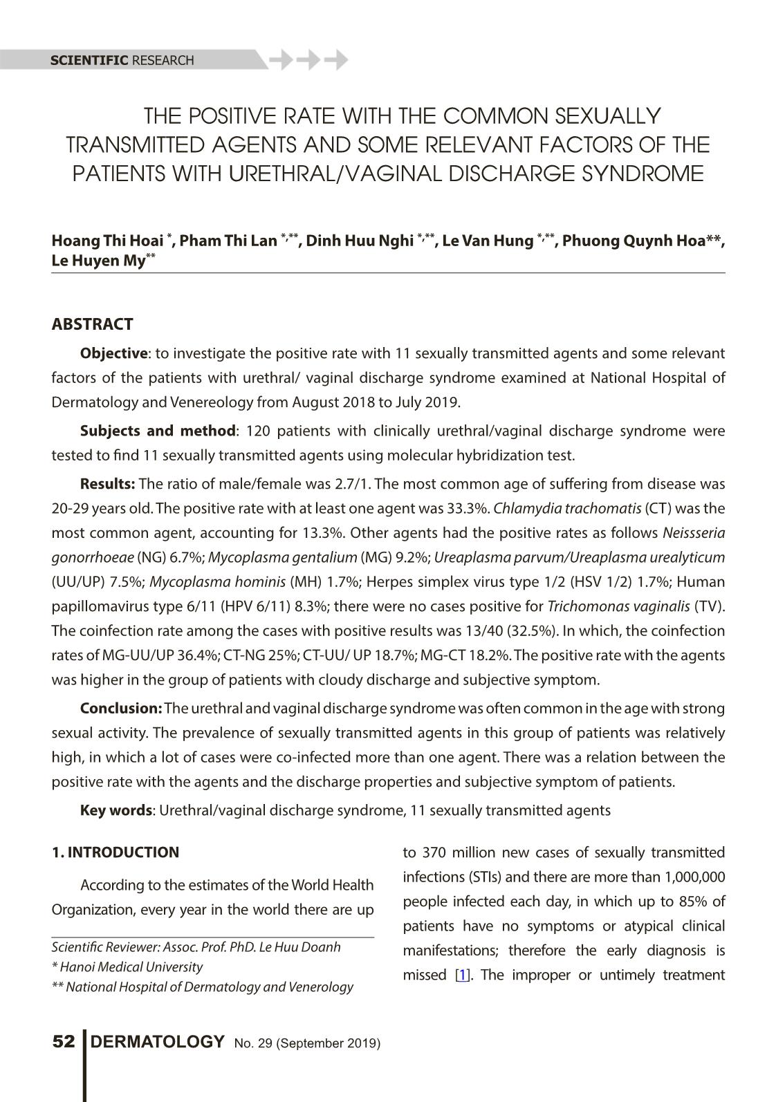 The positive rate with the common sexually transmitted agents and some relevant factors of the patients with urethral/vaginal discharge syndrome trang 1