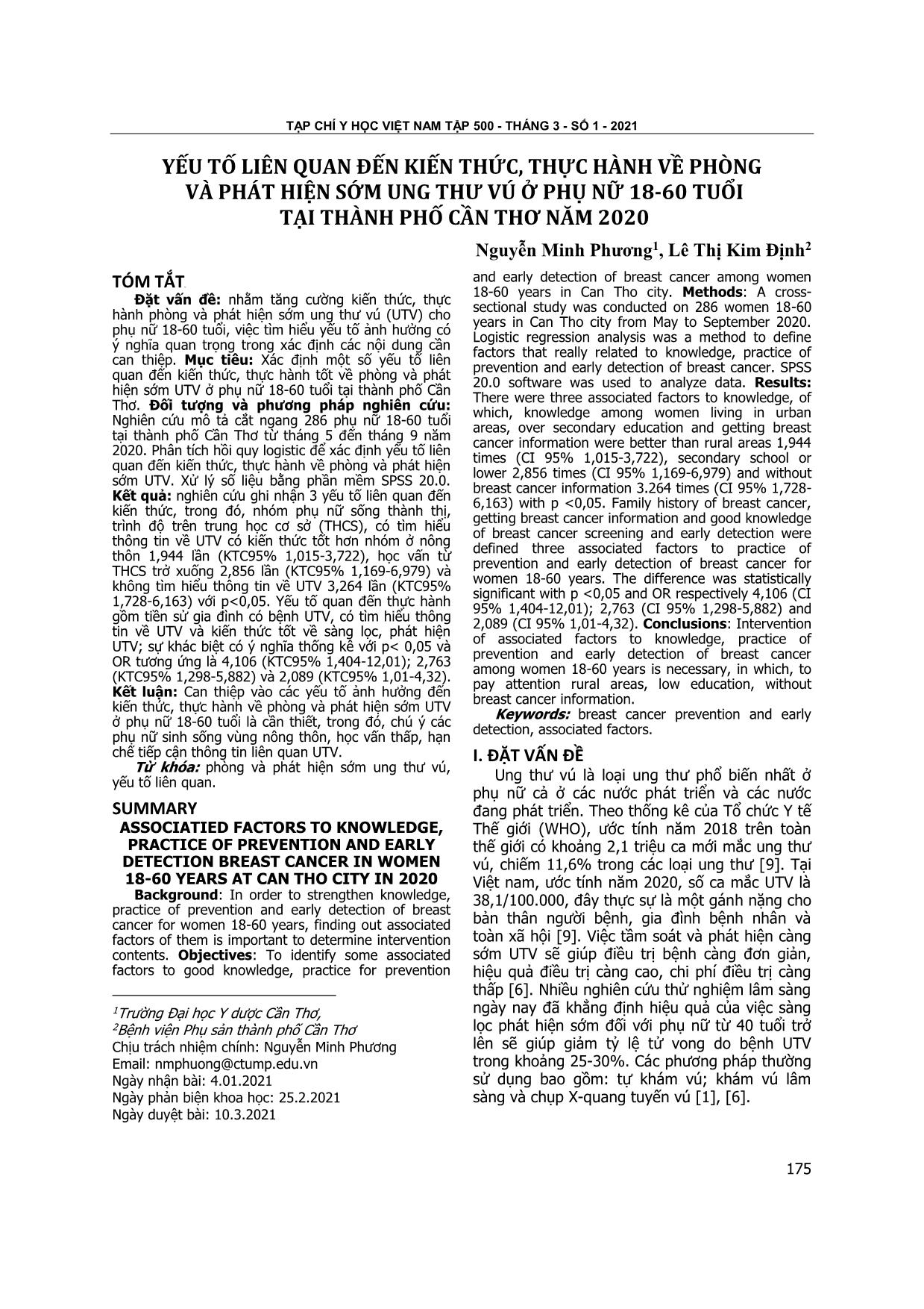 Yếu tố liên quan đến kiến thức, thực hành về phòng và phát hiện sớm ung thư vú ở phụ nữ 18-60 tuổi tại thành phố Cần Thơ năm 2020 trang 1