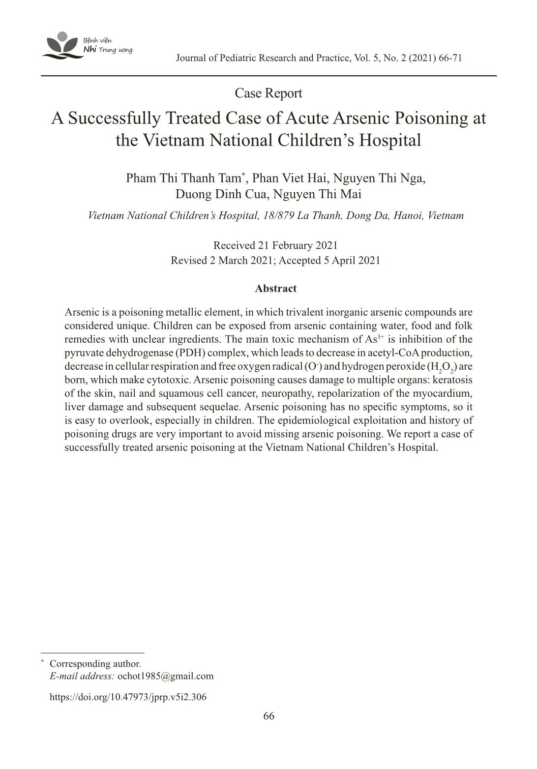 Báo cáo một trường hợp ngộ độc Asen cấp tính được điều trị thành công tại Bệnh viện Nhi Trung ương trang 1