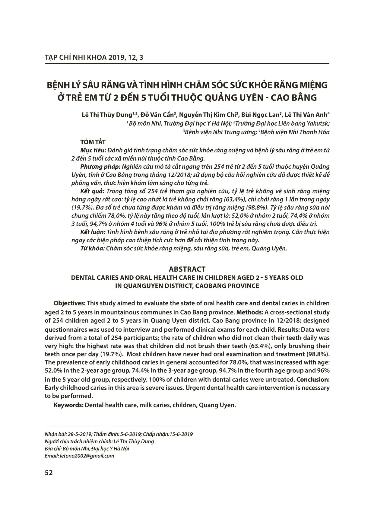 Bệnh lý sâu răng và tình hình chăm sóc sức khỏe răng miệng ở trẻ em từ 2 đến 5 tuổi thuộc Quảng Uyên - Cao Bằng trang 1