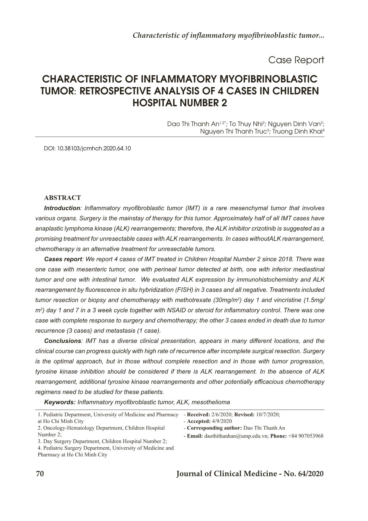 Characteristic of inflammatory myofibrinoblastic tumor: Retrospective analysis of 4 cases in children hospital number 2 trang 1