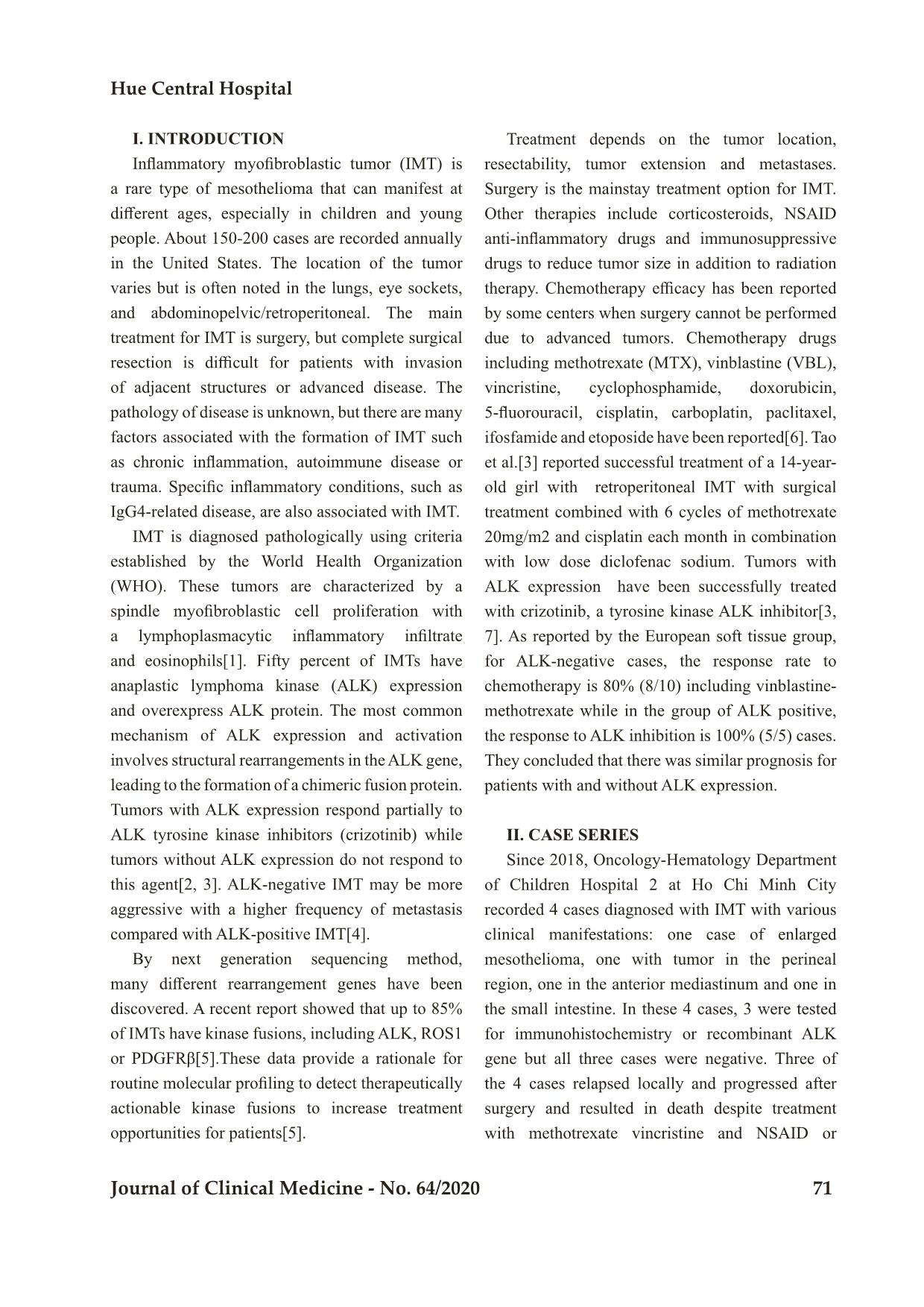 Characteristic of inflammatory myofibrinoblastic tumor: Retrospective analysis of 4 cases in children hospital number 2 trang 2