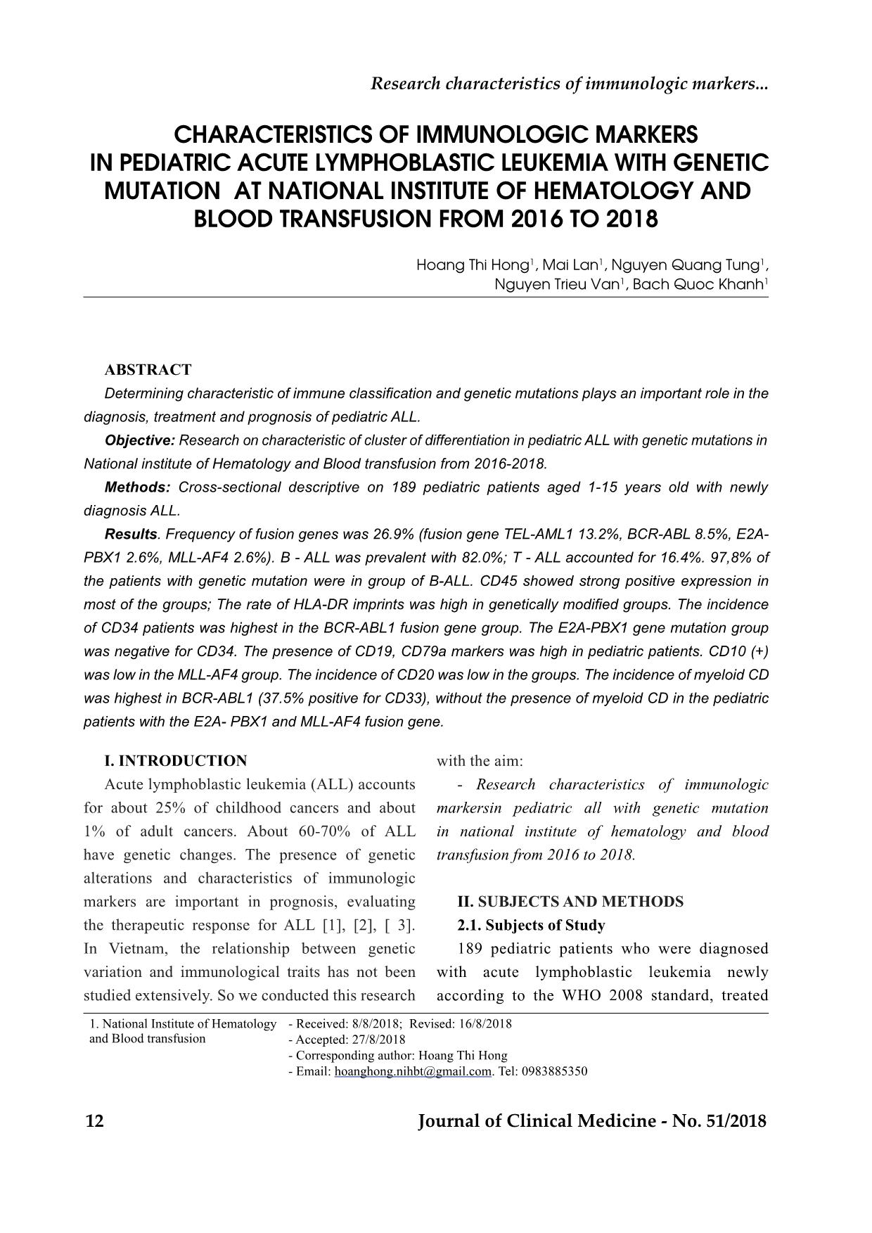 Characteristics of immunologic markers in pediatric acute lymphoblastic leukemia with genetic mutation at national institute of hematology and blood transfusion from 2016 to 2018 trang 1