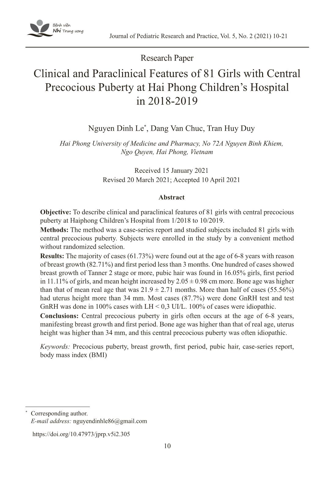 Clinical and Paraclinical Features of 81 Girls with Central Precocious Puberty at Hai Phong Children’s Hospital in 2018-2019 trang 1