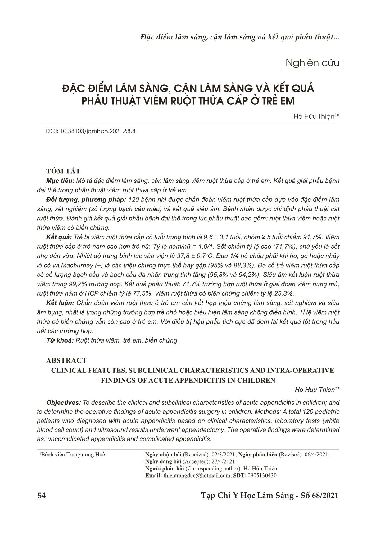 Đặc điểm lâm sàng, cận lâm sàng và kết quả phẫu thuật viêm ruột thừa cấp ở trẻ em trang 1