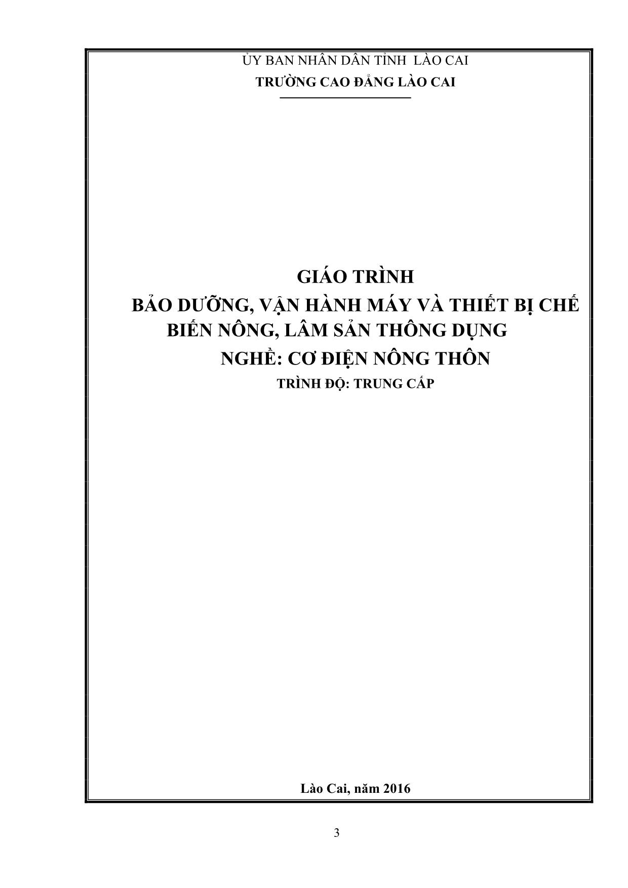 Giáo trình Mô đun Cơ điện nông thôn - Bảo dưỡng, vận hành máy và thiết bị chế biến nông, lâm sản thông dụng trang 1