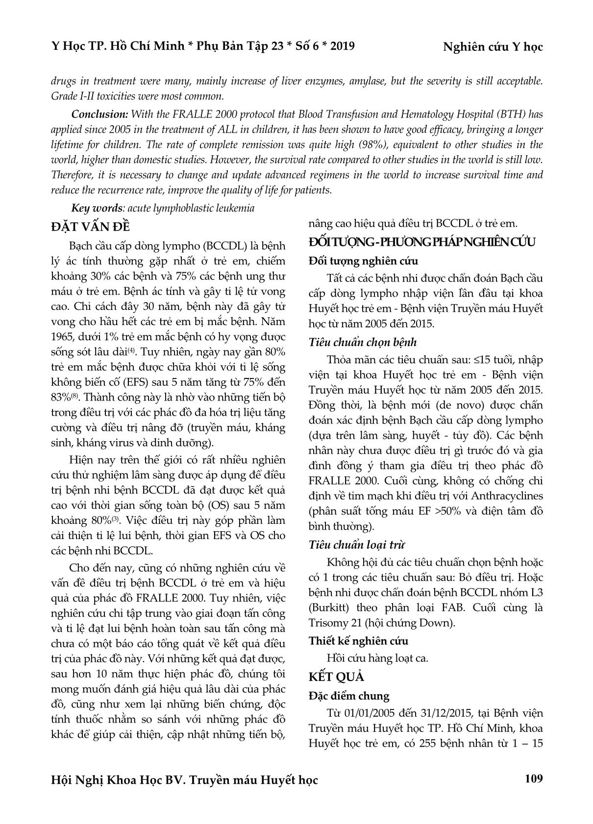 Đánh giá hiệu quả điều trị bệnh bạch cầu cấp dòng Lympho ở trẻ em bằng phác đồ Fralle 2000 trong 10 năm trang 2
