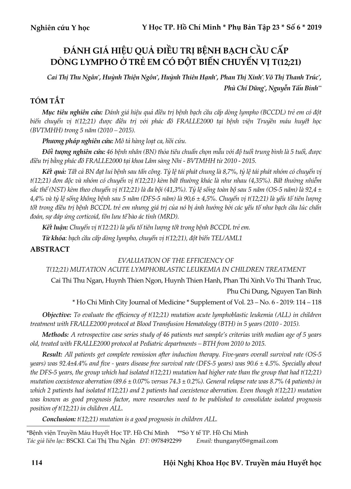 Đánh giá hiệu quả điều trị bệnh bạch cầu cấp dòng Lympho ở trẻ em có đột biến chuyển vị T(12;21) trang 1
