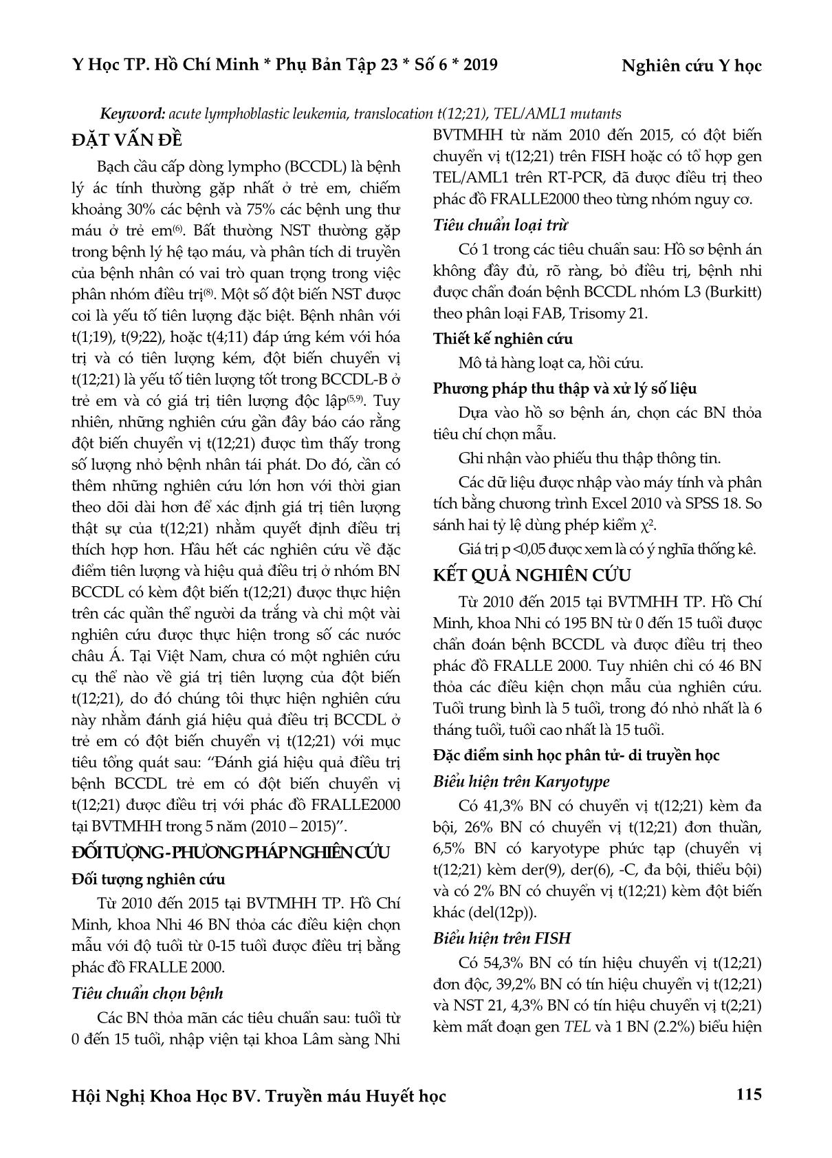 Đánh giá hiệu quả điều trị bệnh bạch cầu cấp dòng Lympho ở trẻ em có đột biến chuyển vị T(12;21) trang 2