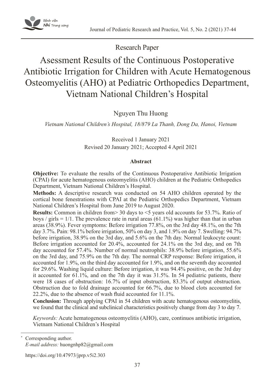 Asessment Results of the Continuous Postoperative Antibiotic Irrigation for Children with Acute Hematogenous Osteomyelitis (AHO) at Pediatric Orthopedics Department, Vietnam National Children’s Hospital trang 1