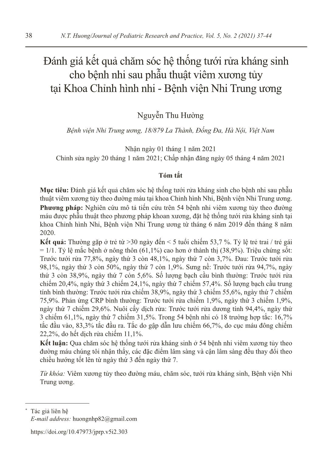 Asessment Results of the Continuous Postoperative Antibiotic Irrigation for Children with Acute Hematogenous Osteomyelitis (AHO) at Pediatric Orthopedics Department, Vietnam National Children’s Hospital trang 2