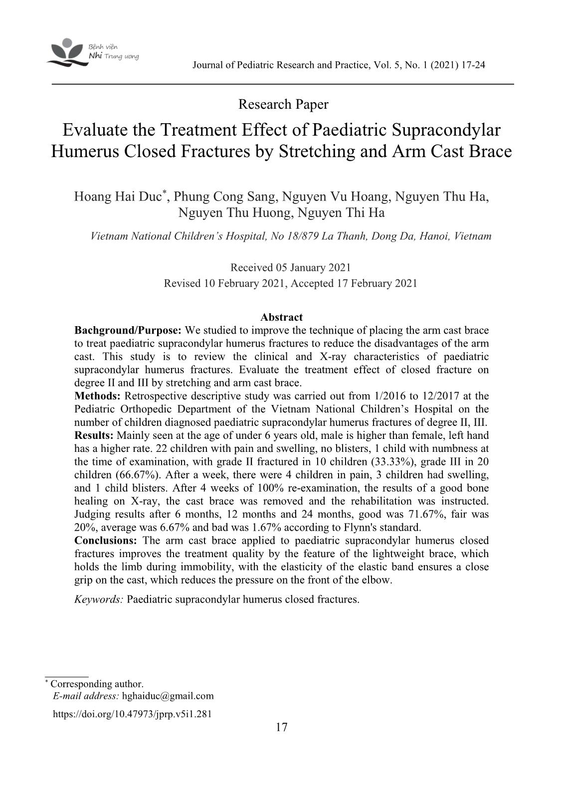Evaluate the treatment effect of paediatric supracondylar humerus closed fractures by stretching and arm cast brace trang 1