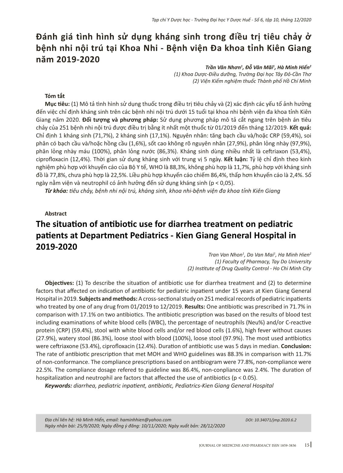 Đánh giá tình hình sử dụng kháng sinh trong điều trị tiêu chảy ở bệnh nhi nội trú tại Khoa Nhi - Bệnh viện Đa khoa tỉnh Kiên Giang năm 2019-2020 trang 1