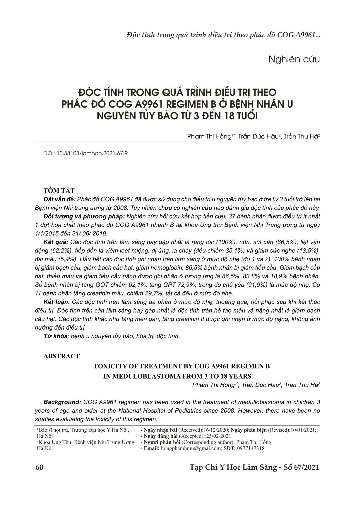 Độc tính trong quá trình điều trị theo phác đồ Cog A9961 Regimen b ở bệnh nhân u nguyên tủy bào từ 3 đến 18 tuổi trang 1