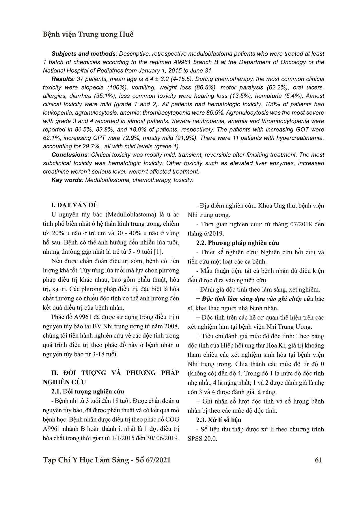 Độc tính trong quá trình điều trị theo phác đồ Cog A9961 Regimen b ở bệnh nhân u nguyên tủy bào từ 3 đến 18 tuổi trang 2