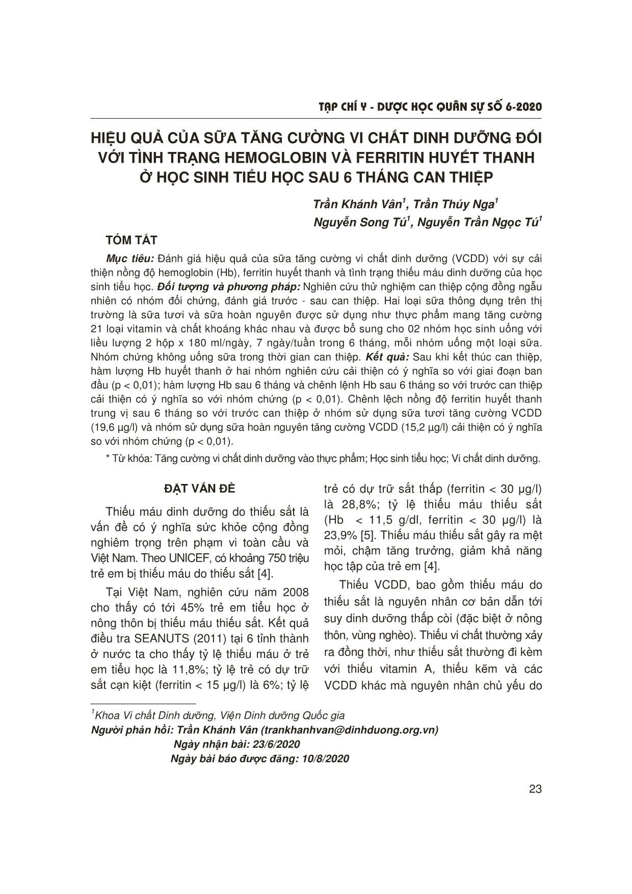 Hiệu quả của sữa tăng cường vi chất dinh dưỡng đối với tình trạng hemoglobin và ferritin huyết thanh ở học sinh Tiểu học sau 6 tháng can thiệp trang 1