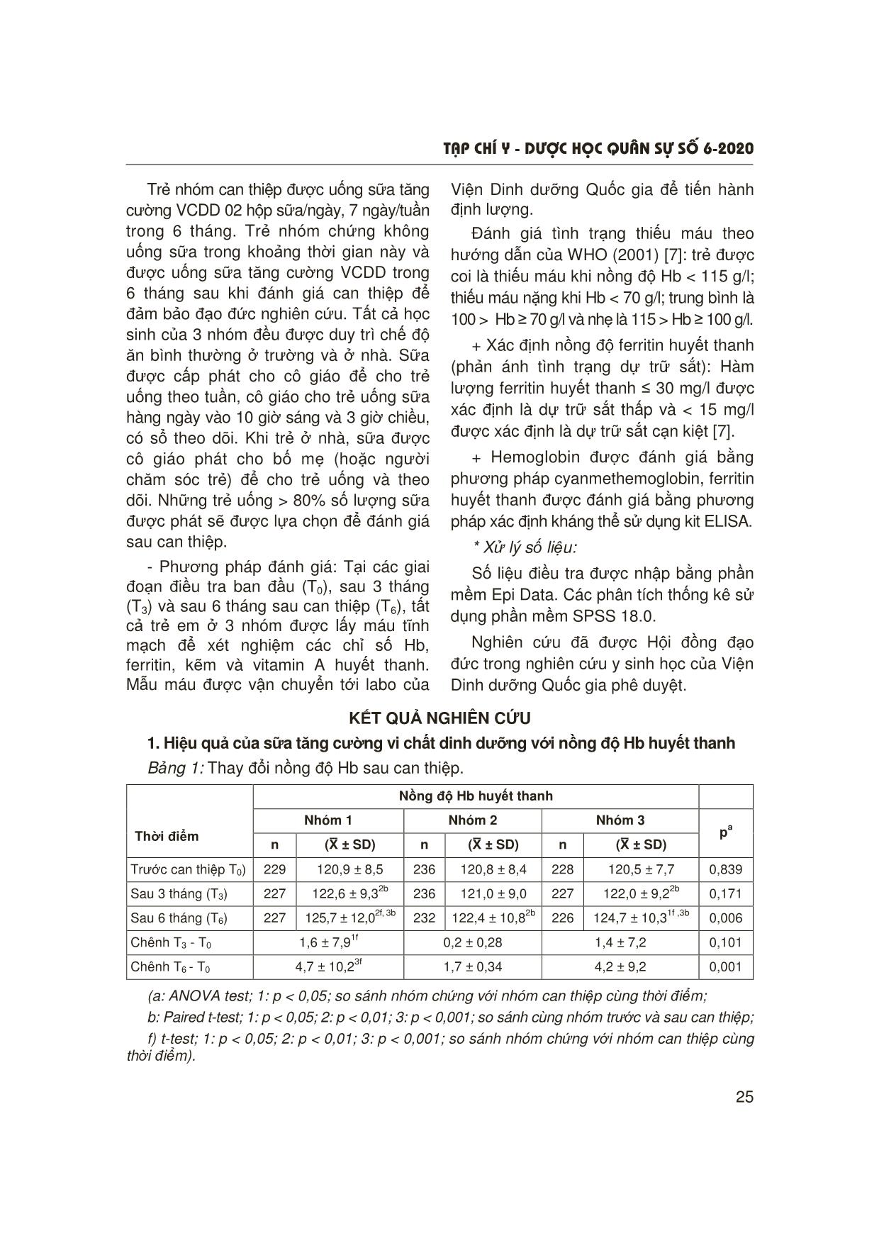 Hiệu quả của sữa tăng cường vi chất dinh dưỡng đối với tình trạng hemoglobin và ferritin huyết thanh ở học sinh Tiểu học sau 6 tháng can thiệp trang 3