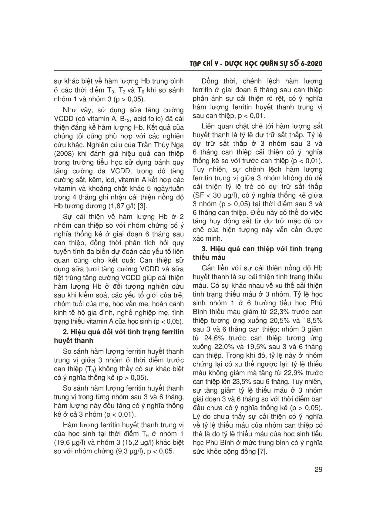 Hiệu quả của sữa tăng cường vi chất dinh dưỡng đối với tình trạng hemoglobin và ferritin huyết thanh ở học sinh Tiểu học sau 6 tháng can thiệp trang 7